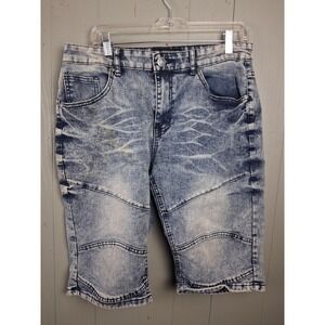 Encrypted Mens Moto Distressed Whiskered Wash Denim Jean Shorts Size 34 Blue